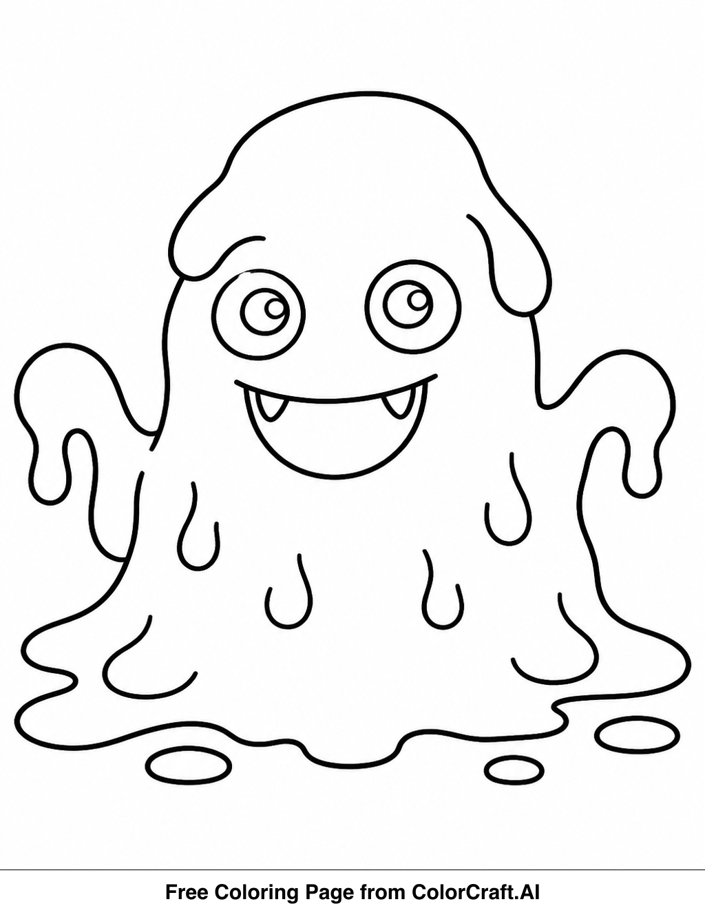 Line drawing of a simple, smiling slime monster with big eyes and a round body.