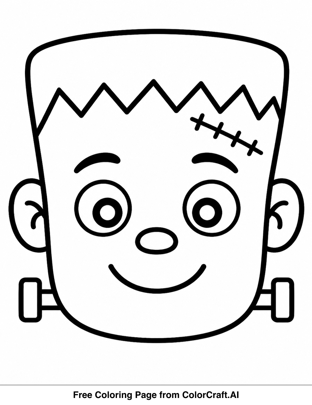 Line drawing of a friendly Frankenstein head with bolts, stitches, and a big smile.