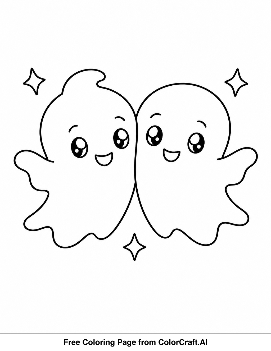 Line drawing of two cute baby ghosts smiling and floating together, ready to be colored.