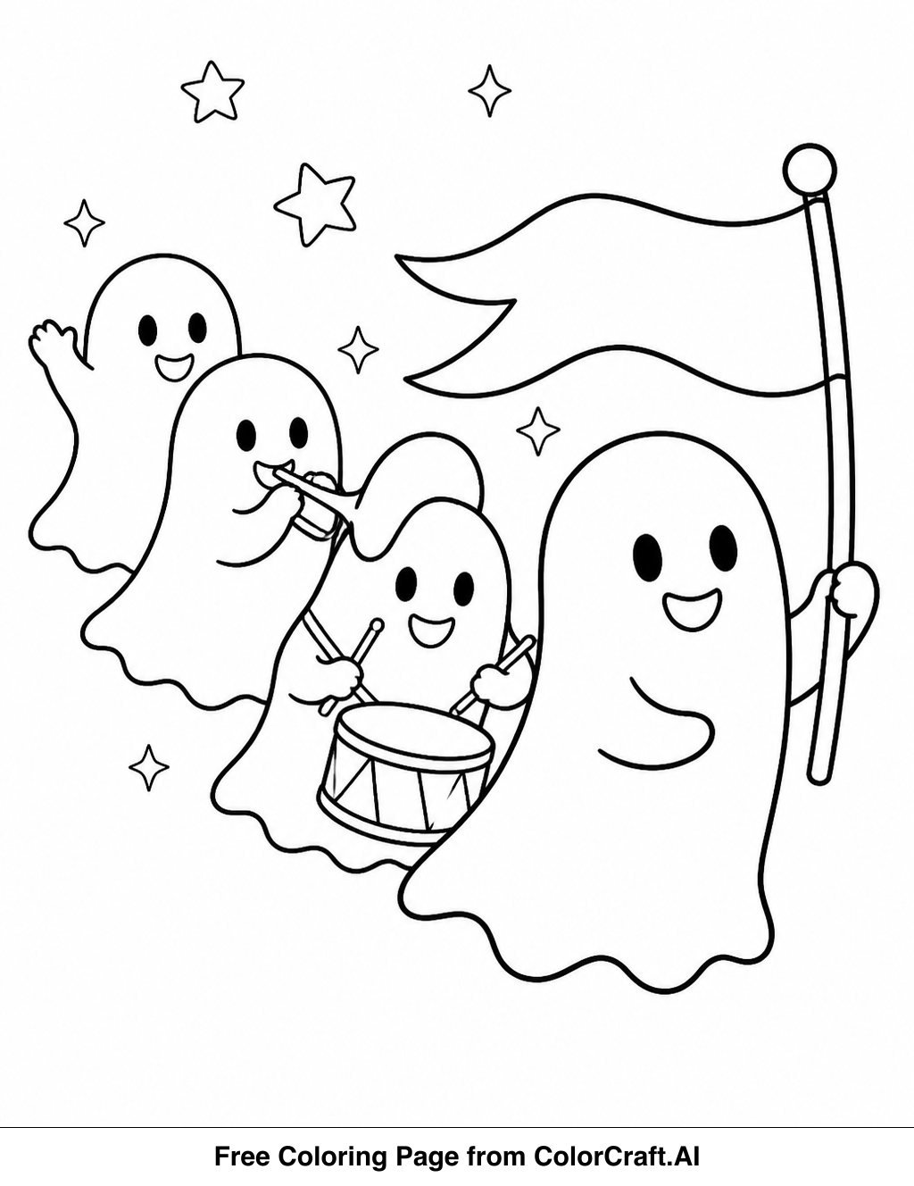 Line drawing of several smiling ghosts in a parade, holding banners and wearing festive hats.