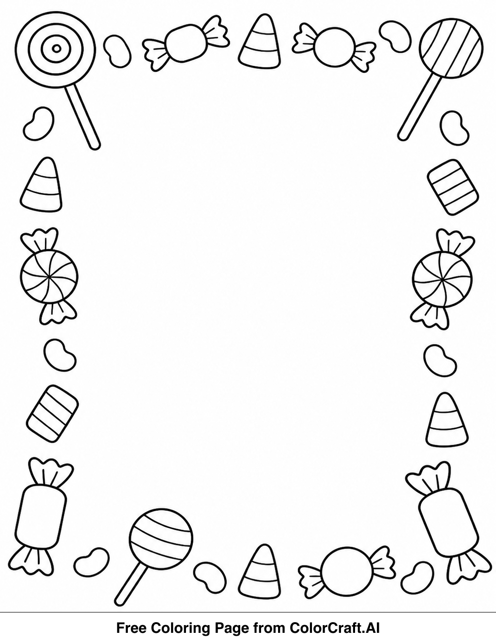 Line art drawing of a Halloween candy border with pumpkins, ghosts, and sweets.