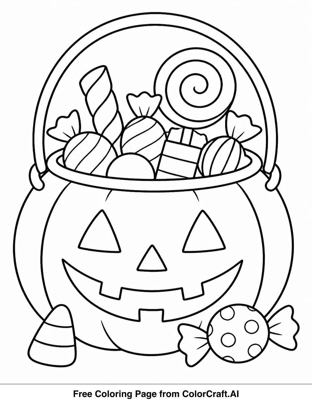 Line drawing of a pile of assorted Halloween candies, including lollipops and wrapped sweets.