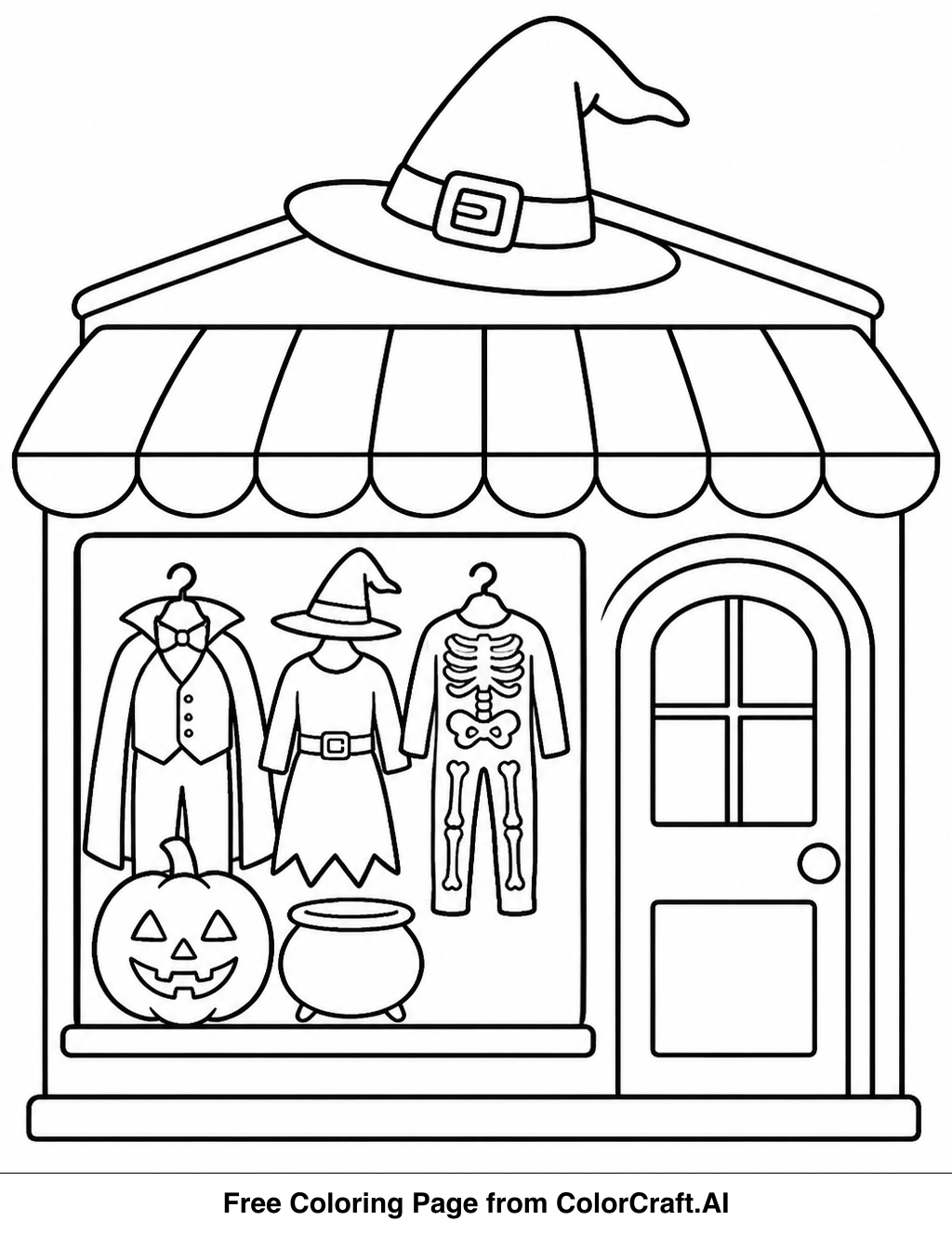 Line drawing of a Halloween costume shop interior with shelves of costumes and decorations.