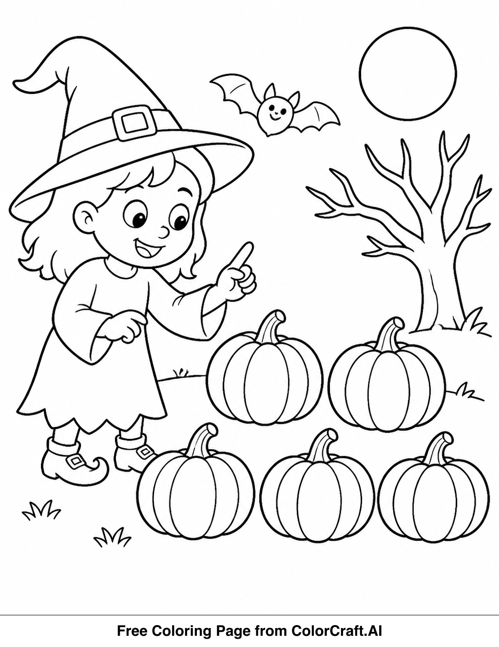 Line drawing of a Halloween counting scene with pumpkins, ghosts, and bats for a coloring page.