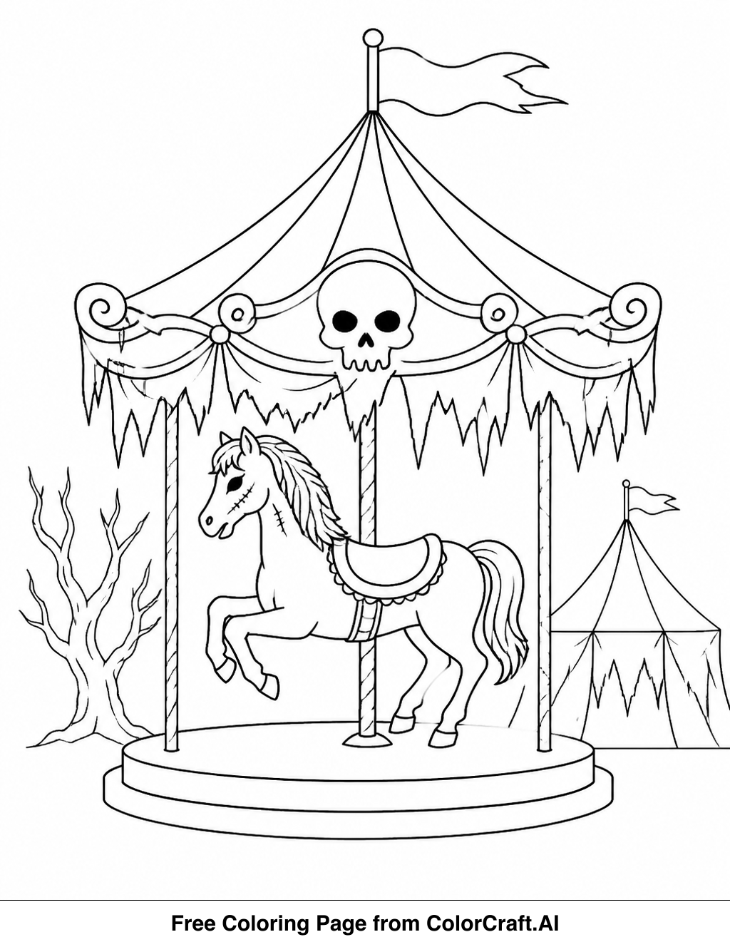 Line drawing of a haunted carnival scene with a Ferris wheel, spooky tents, and playful monsters.