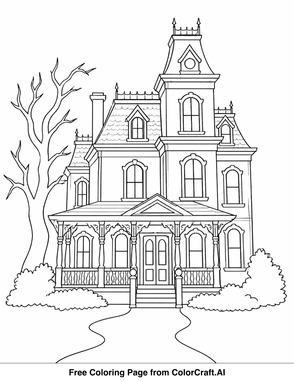 Line drawing of a large, old Victorian house with a spooky atmosphere, ready for coloring.