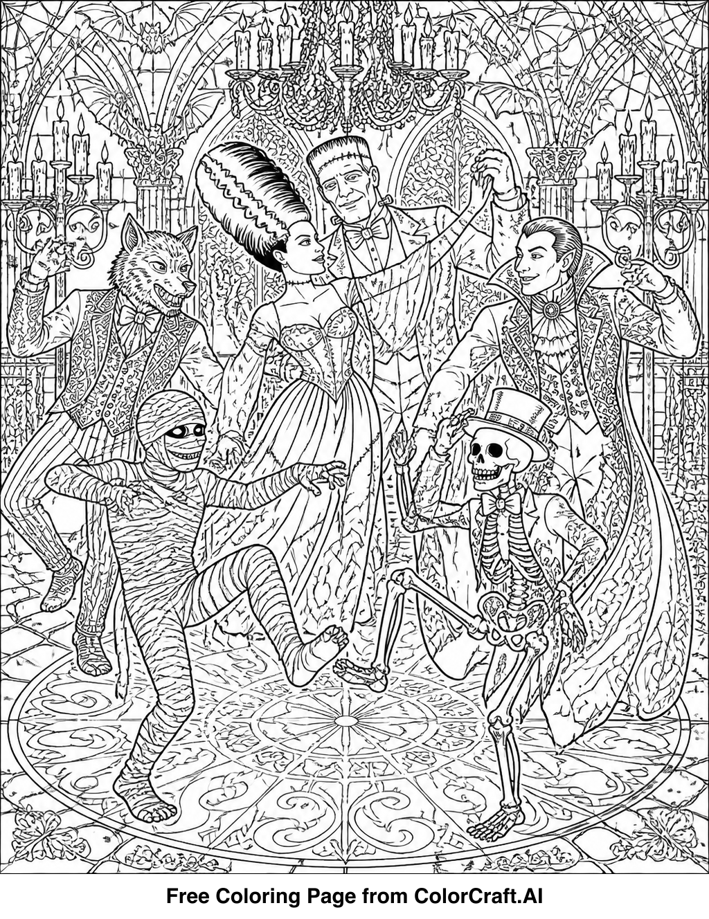 Line drawing of classic monsters like Dracula, Frankenstein, and a mummy having fun together.