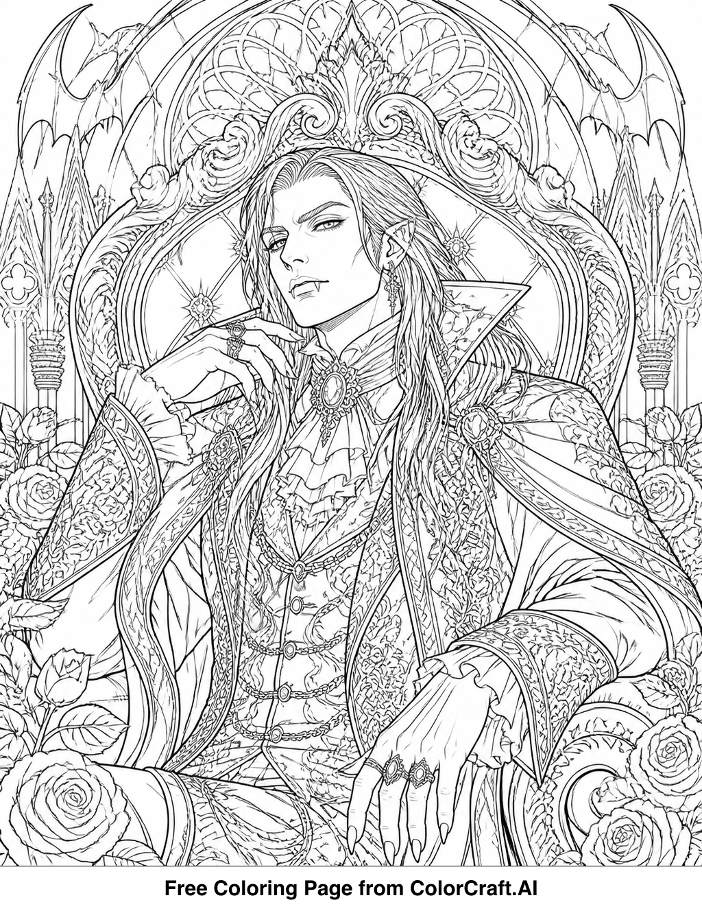 Intricate line drawing of a powerful vampire lord's portrait with detailed facial features and attire.