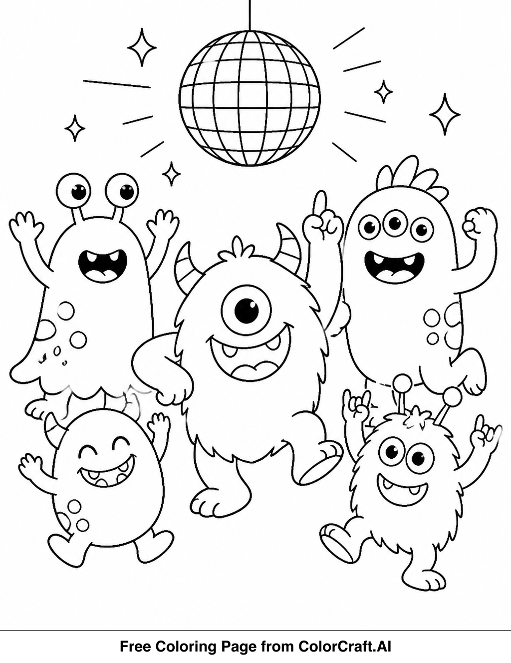 Line drawing of various silly monsters dancing energetically together at a party.