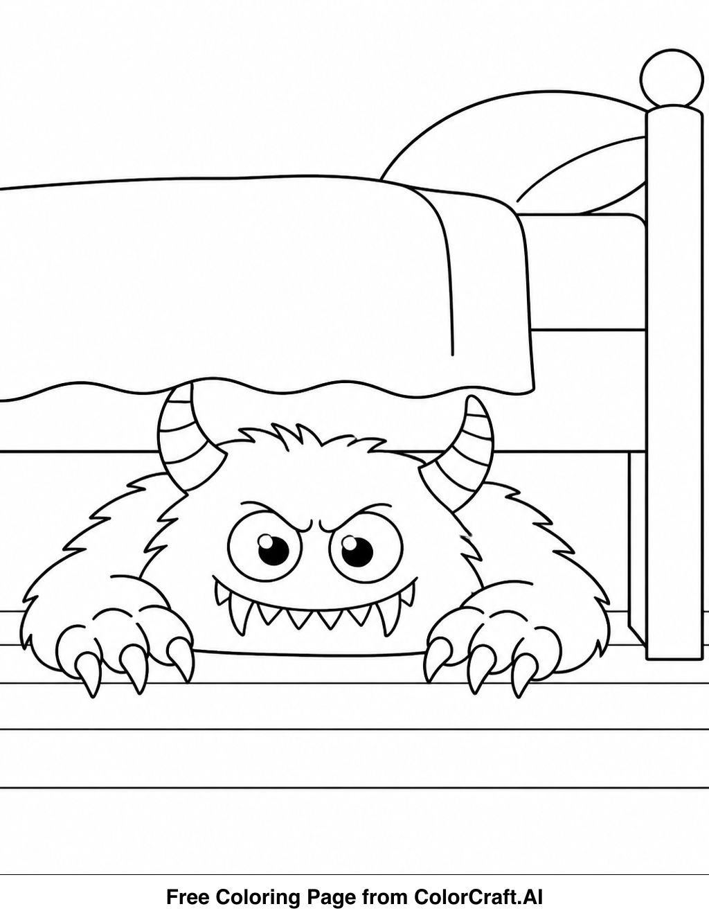 Line drawing of a cartoon monster with big eyes and horns peeking out from under a bed.