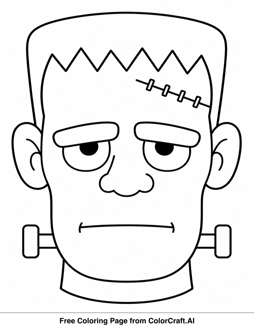 Simple line drawing of a Frankenstein monster's head with bolts and stitches, ready to be colored.