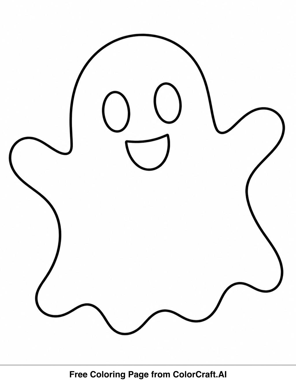 Simple line drawing of a friendly ghost with a big smile, floating in the air.