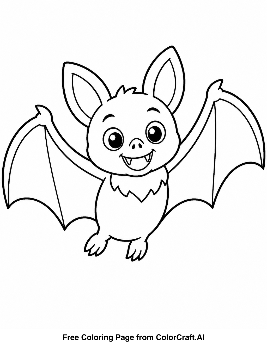 Simple line drawing of a cute vampire bat with outstretched wings, perfect for coloring.