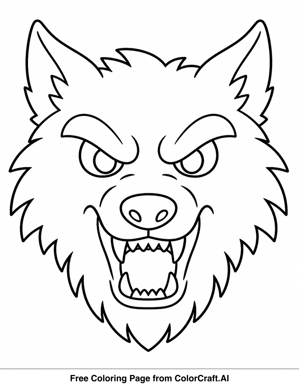 Simple line drawing of a werewolf head with sharp teeth and ears, ready for coloring.