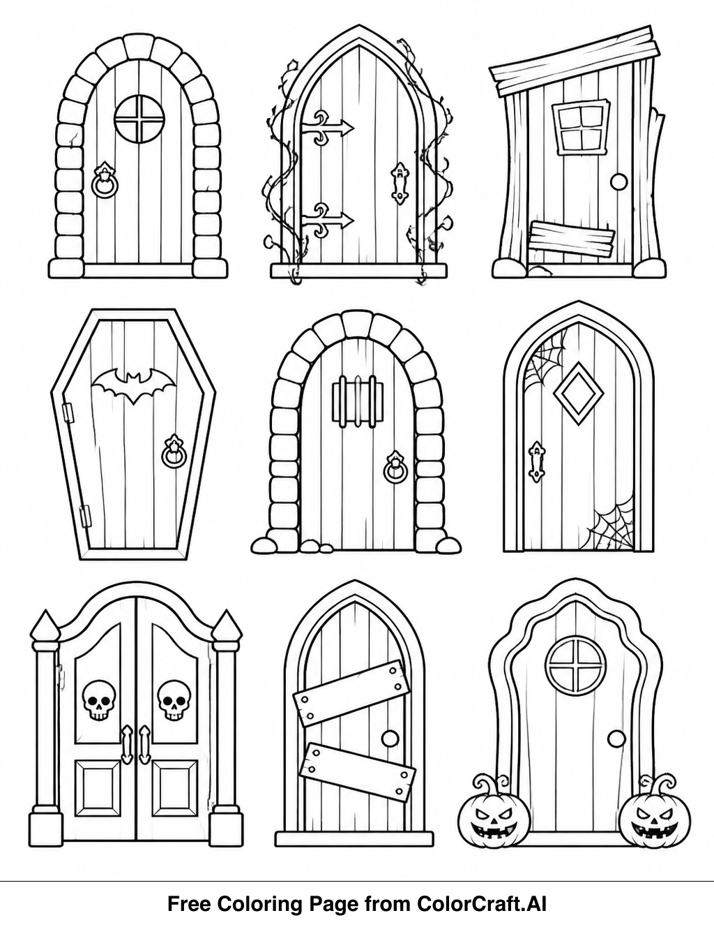 Line drawing of various spooky doors with different designs, ready for coloring.