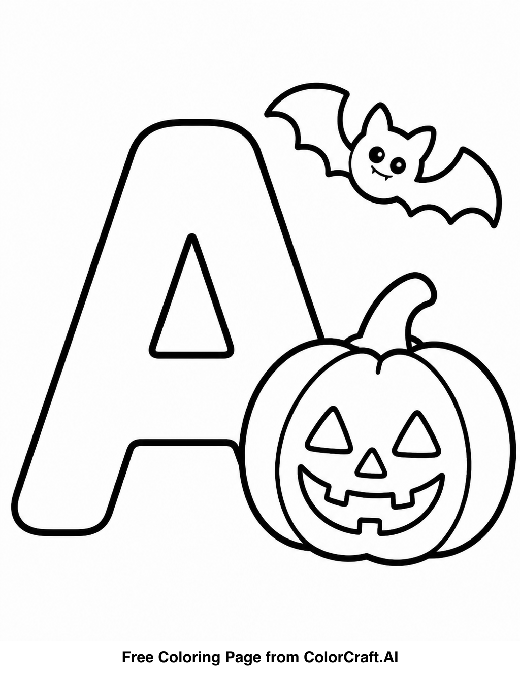 Line drawing of a Halloween alphabet with playful spooky characters for a coloring page.