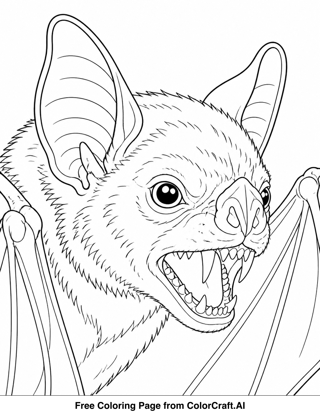Line drawing of a vampire bat's detailed face, showing its fangs and wings, ready to be colored.
