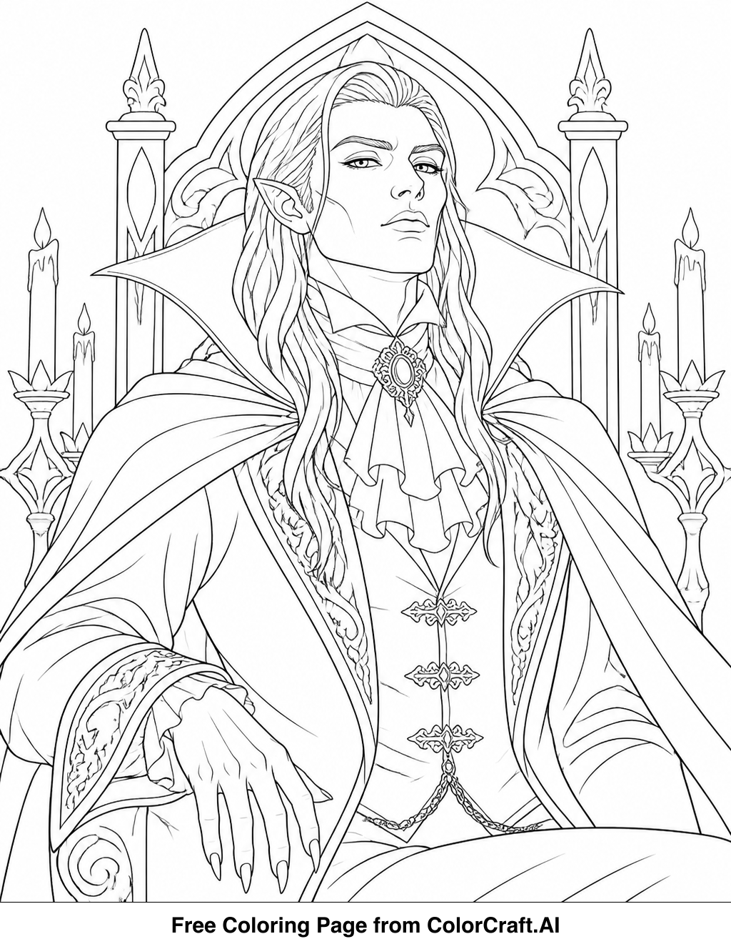 Line drawing of a regal vampire lord in a detailed portrait, perfect for coloring.