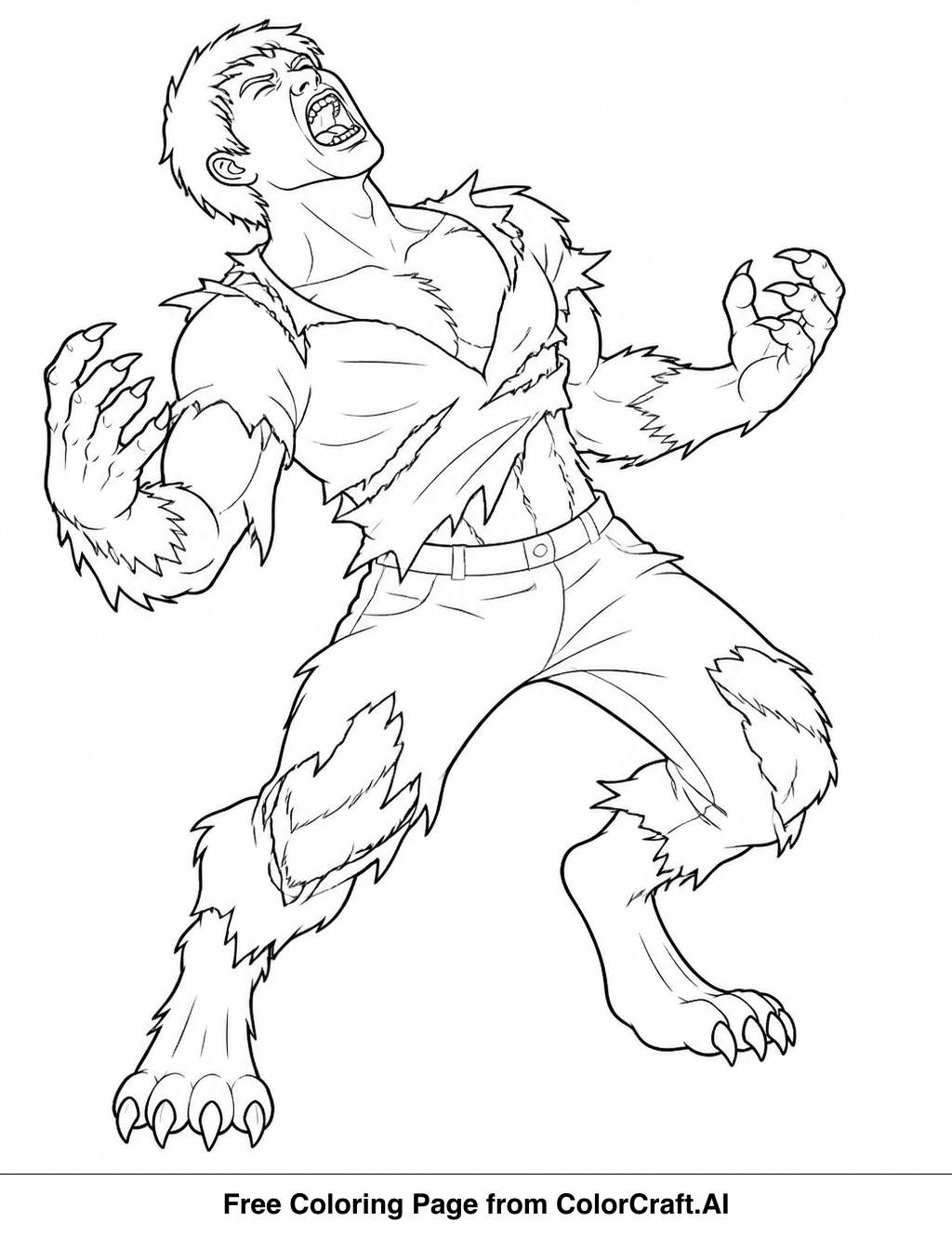 Line drawing of a person mid-transformation into a werewolf, with claws and fur emerging.