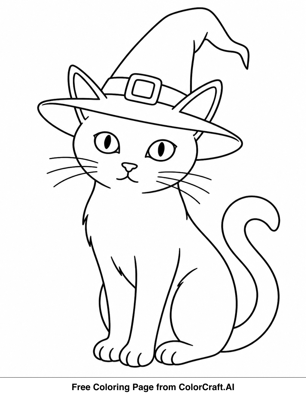 Line drawing of a witch with a pointed hat standing next to her cat, ready for coloring.