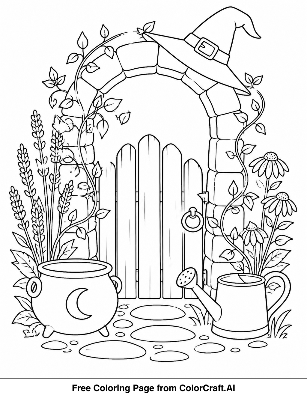 Line drawing of a witch's garden with spooky plants, a cauldron, and a friendly toad.