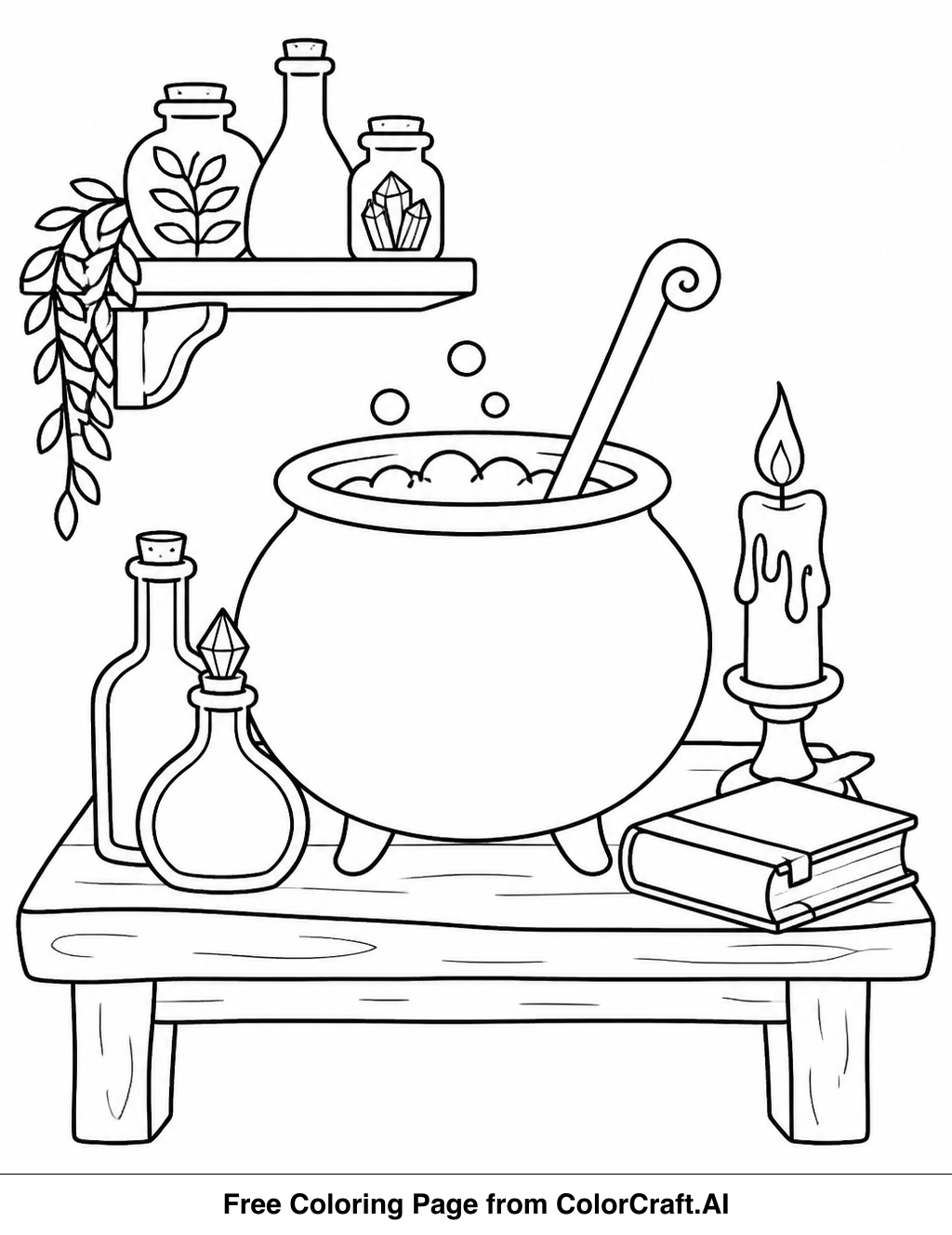 Line drawing of a witch's potion laboratory with shelves of bottles, a cauldron, and mystical items.