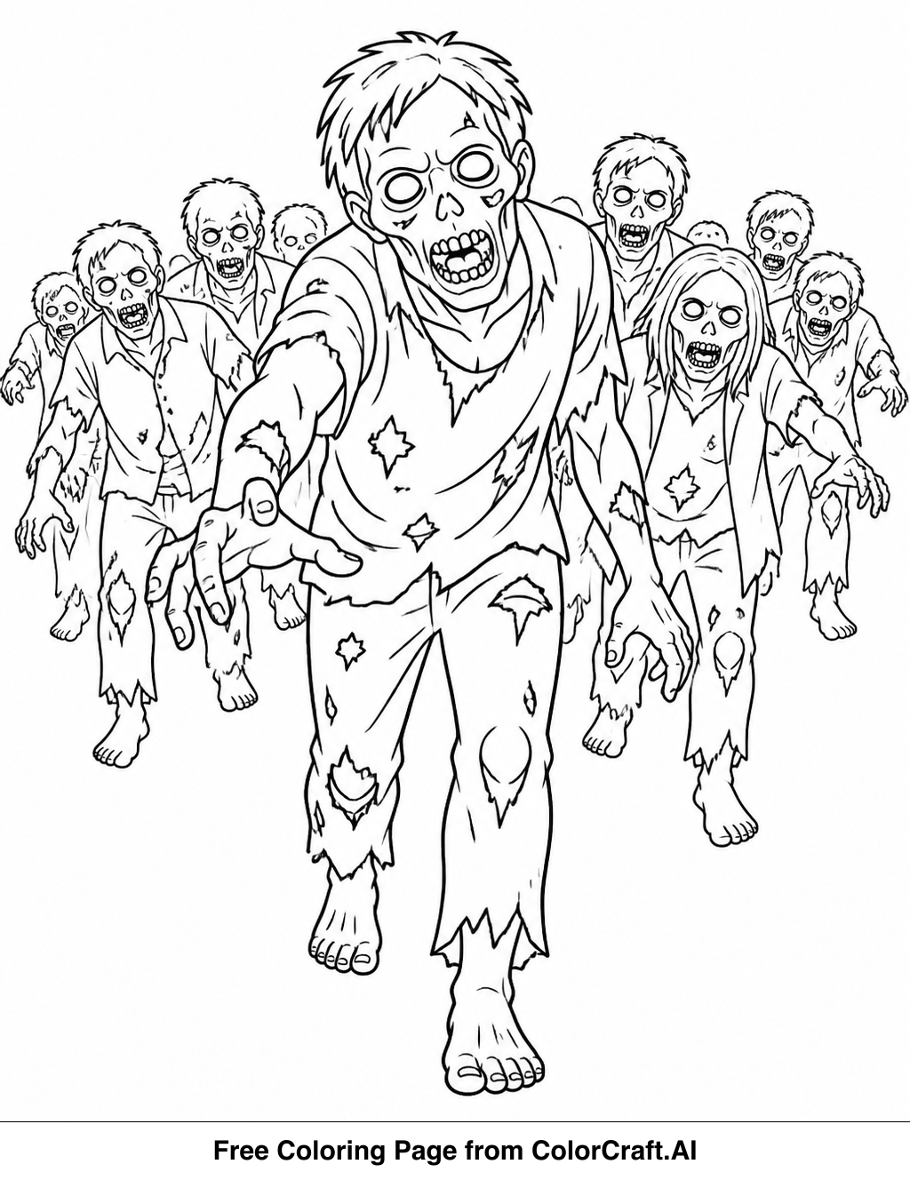 Line drawing of a large group of zombies walking towards a town, a spooky scene for a coloring page.