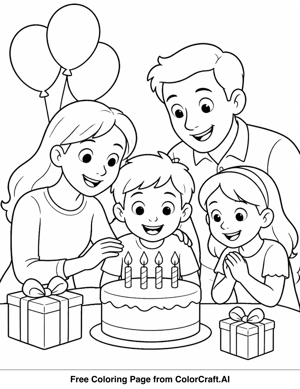 Line drawing of a family celebrating Hanukkah around a table with food and decorations.