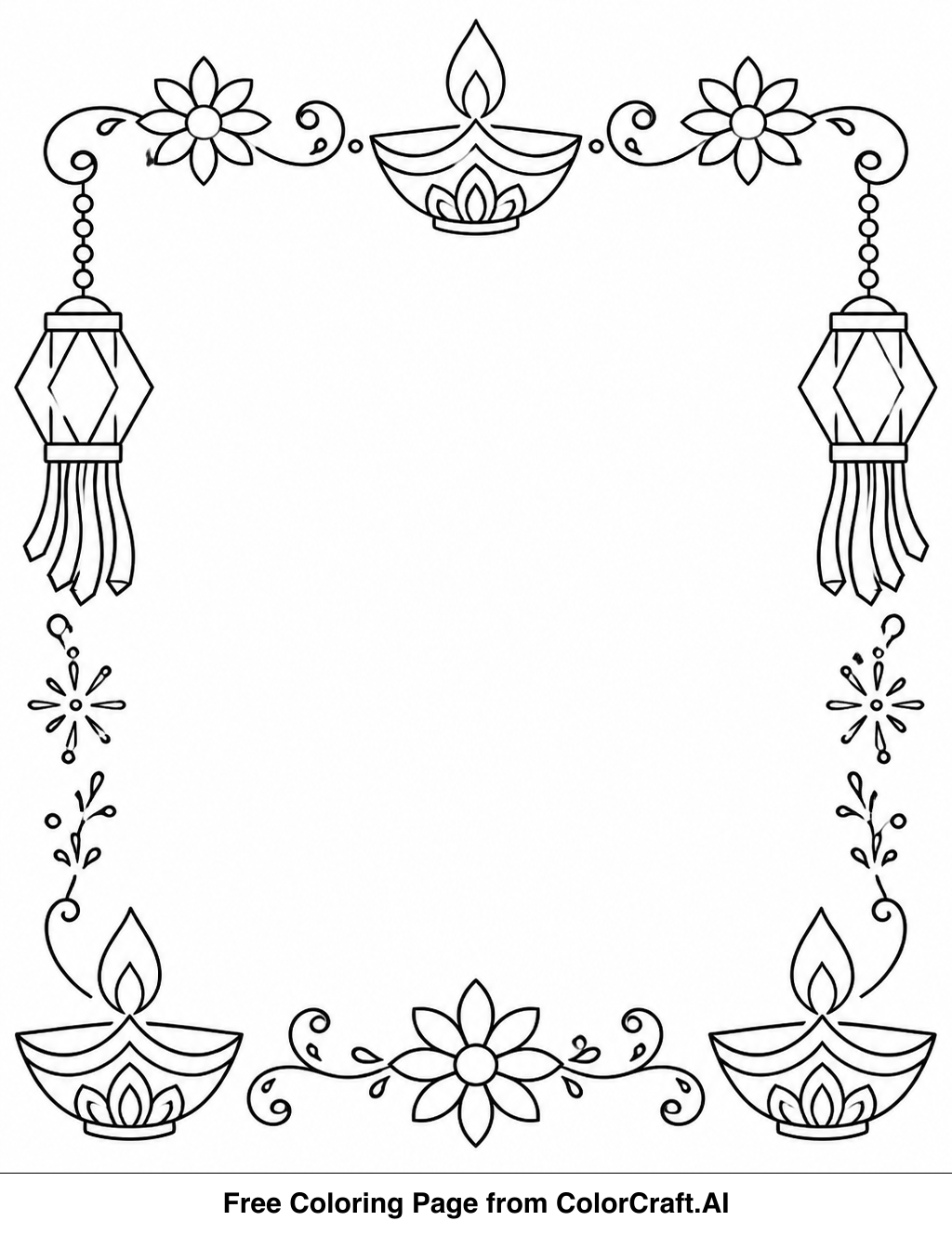 Line art illustration of a decorative border with Hanukkah symbols like dreidels and menorahs.