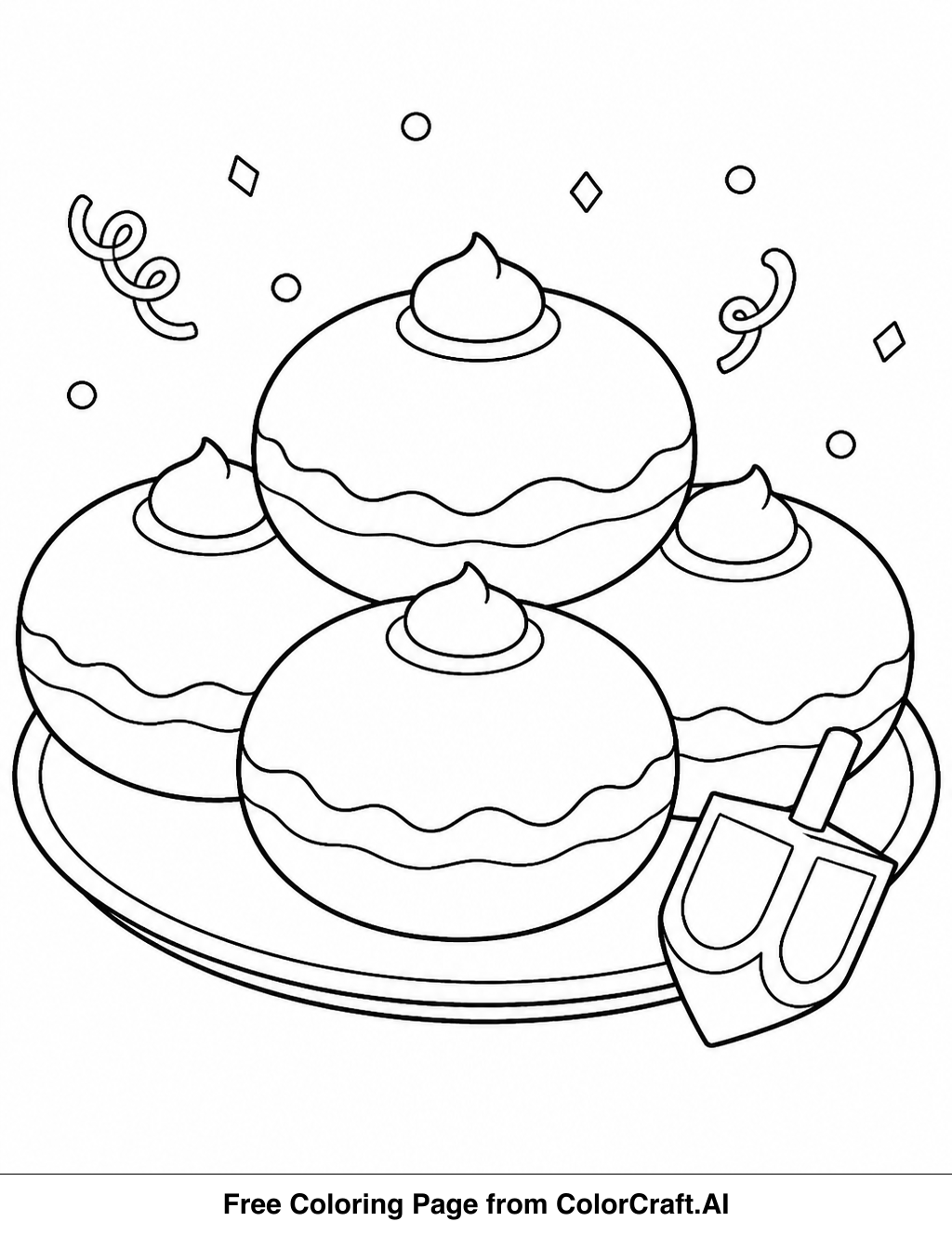 Line drawing of several round sufganiyot donuts, some with powdered topping, ready for coloring.