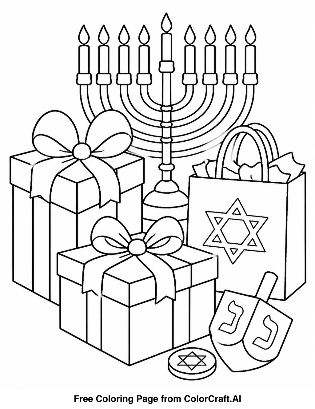 Line drawing of a collection of Hanukkah gifts including a dreidel, menorah, and presents, ready to be colored.