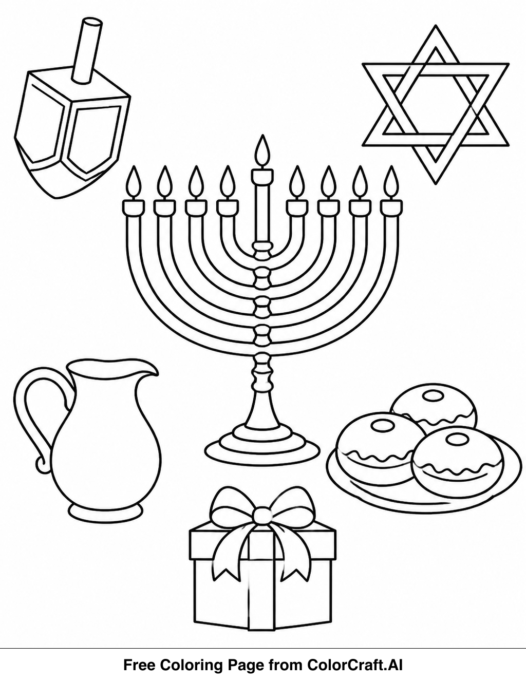 Line drawing of various Hanukkah symbols including a menorah, dreidel, and star of David for coloring.