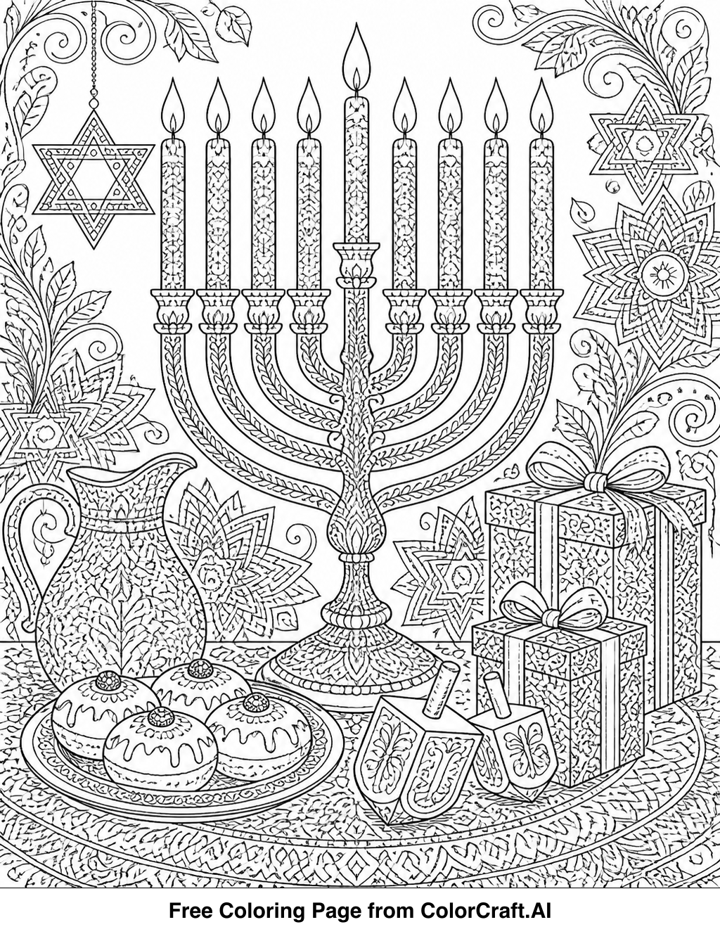 Intricate line drawing of a Hanukkah scene with menorah, dreidels, and festive decorations.