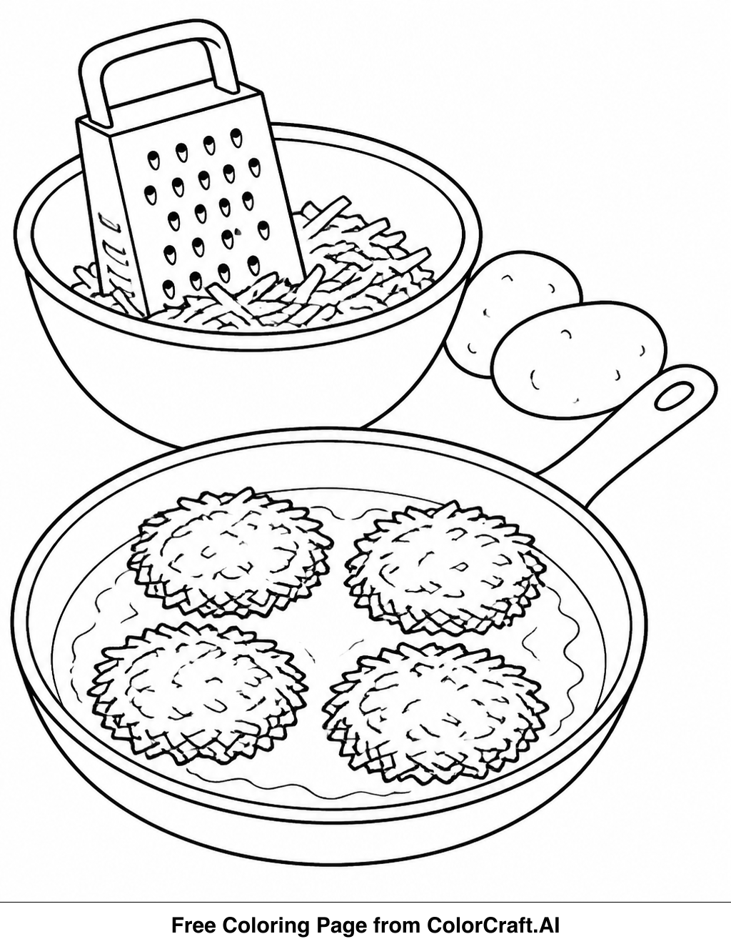 Line drawing of a family happily making latkes together in a kitchen for Hanukkah.