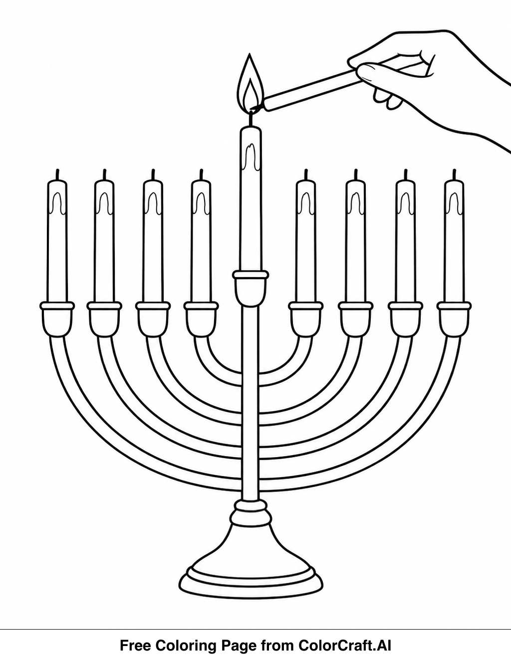 Line drawing of a menorah with candles being lit, ready for coloring.