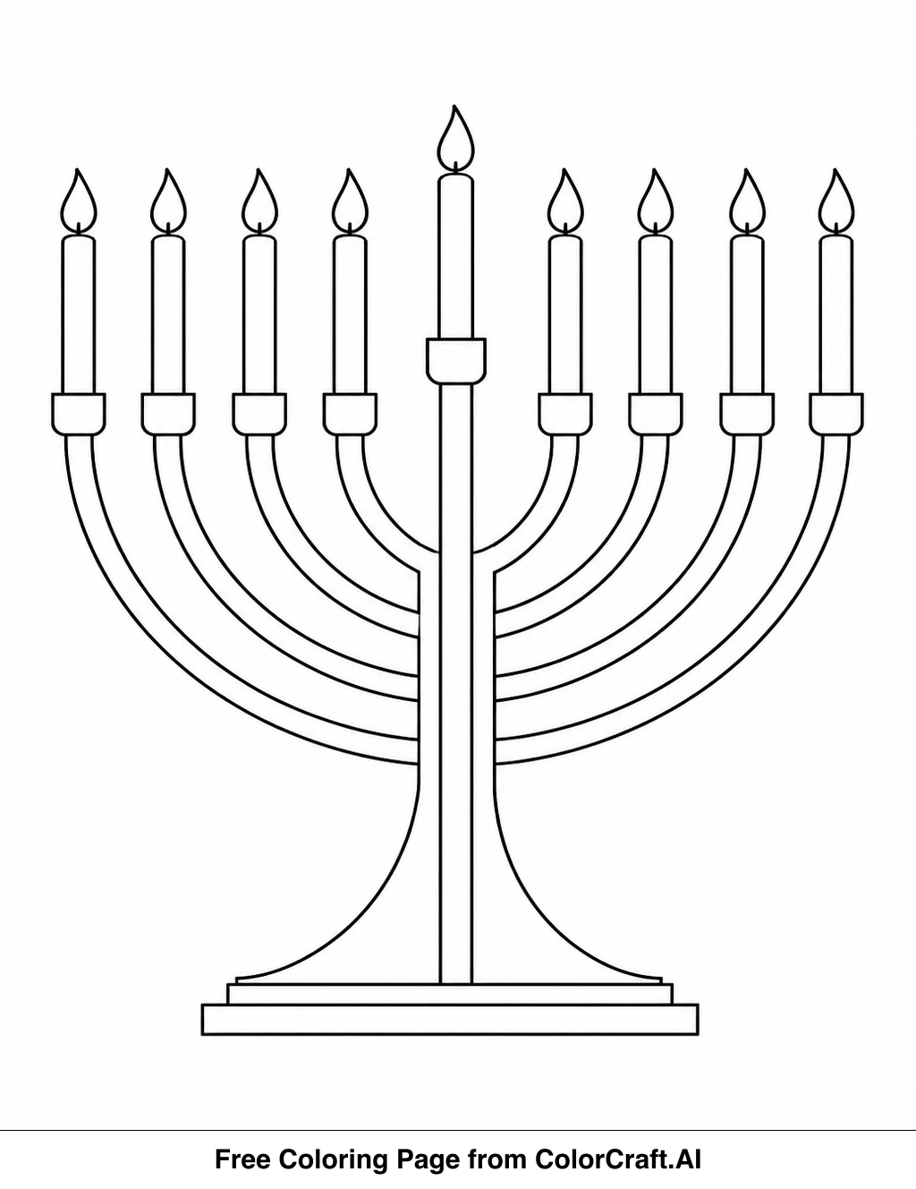 A clean line drawing of a contemporary menorah with multiple candle holders, ready for coloring.