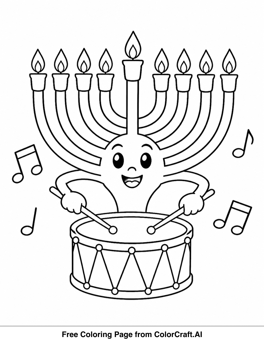 Line drawing of a menorah, dreidels, and musical instruments for a Hanukkah celebration.
