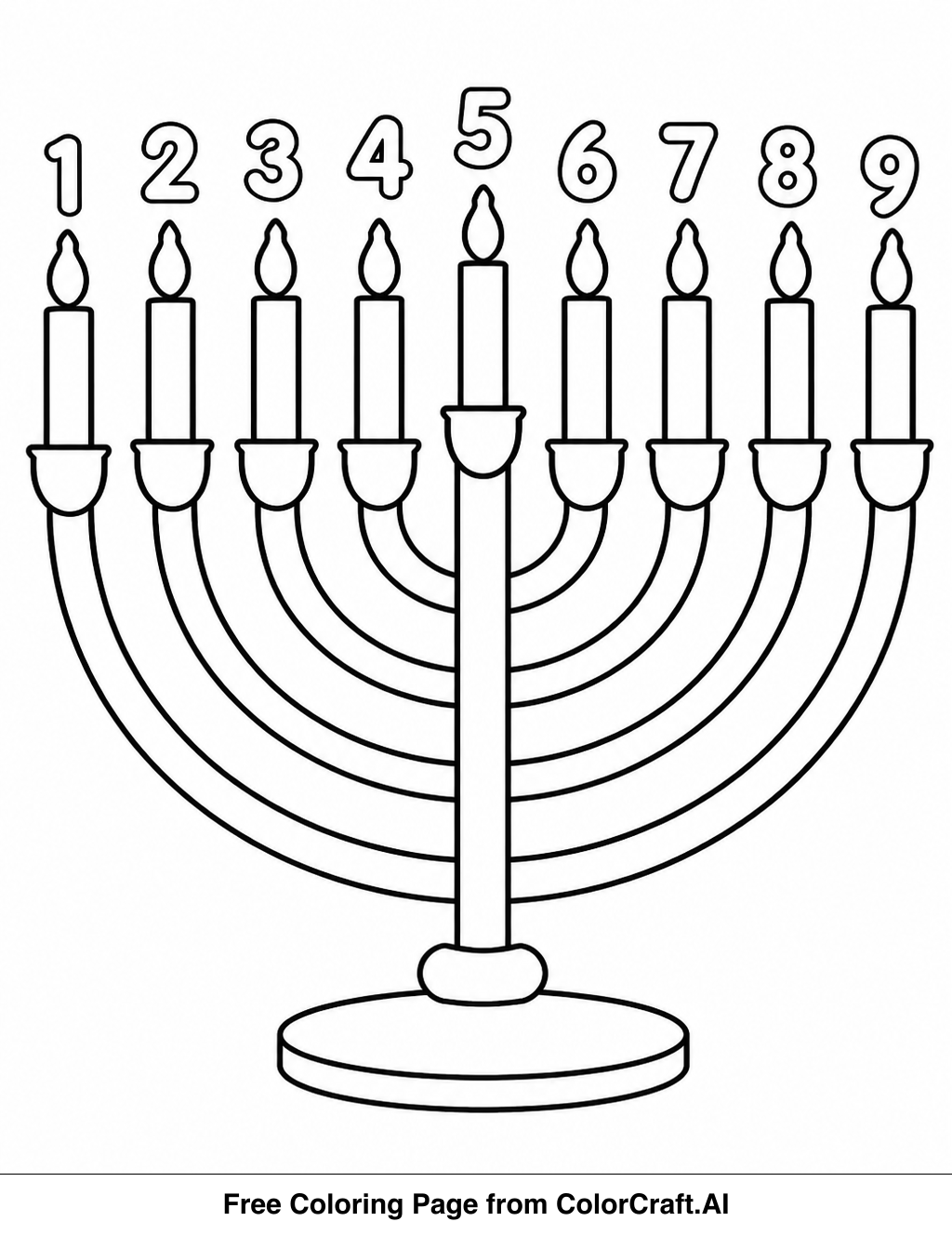 Line drawing of a menorah with numbered candle holders for a coloring page.