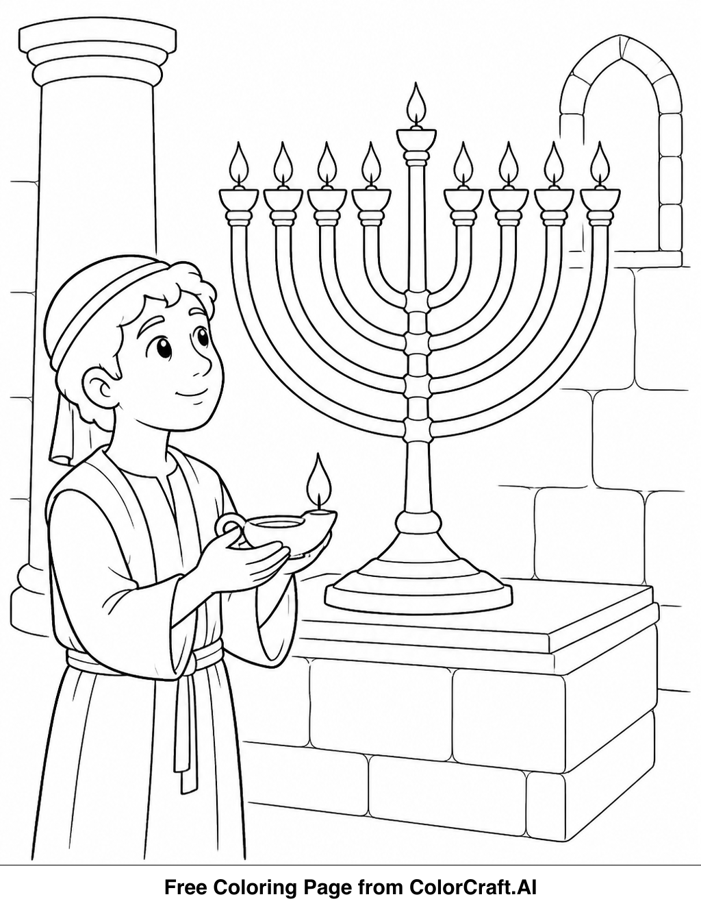 Line drawing of the Hanukkah story with the Maccabees, the Temple, and the menorah for coloring.