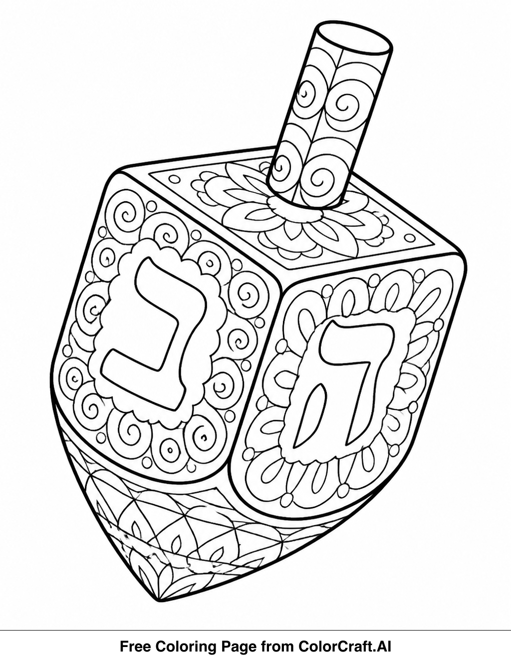 Line art drawing of a dreidel with detailed geometric patterns, ready for coloring.