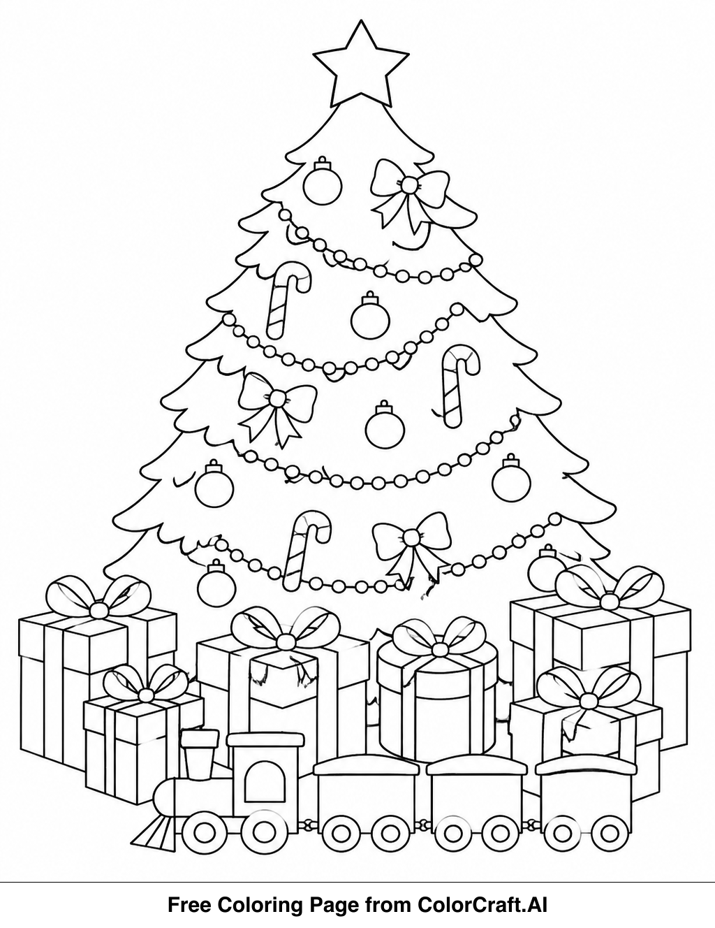 Line drawing of a decorated Christmas tree with presents and a toy train, ready for coloring.