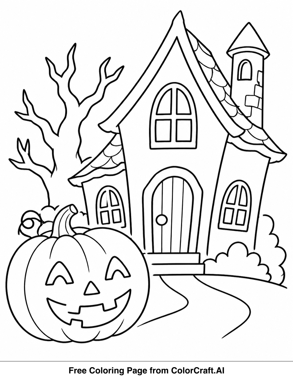 Line drawing of a smiling jack-o-lantern and a haunted house for a Halloween coloring page.