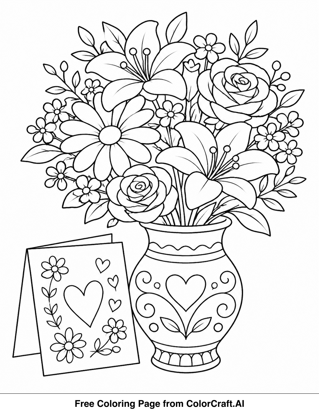 Line drawing of a Mother's Day flower bouquet in a vase with a greeting card nearby.