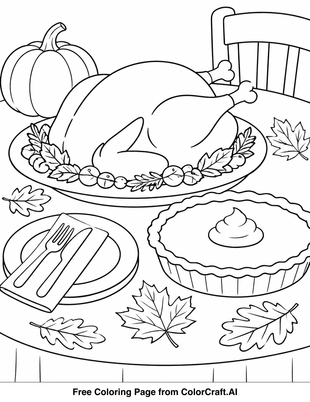 Line drawing of a Thanksgiving table laden with food and autumn decorations, ready for coloring.