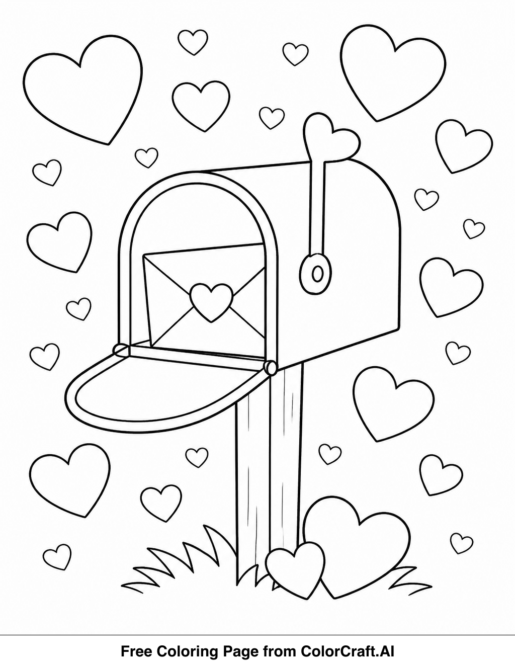 Line drawing of a mailbox with many different sized hearts floating around it, perfect for coloring.