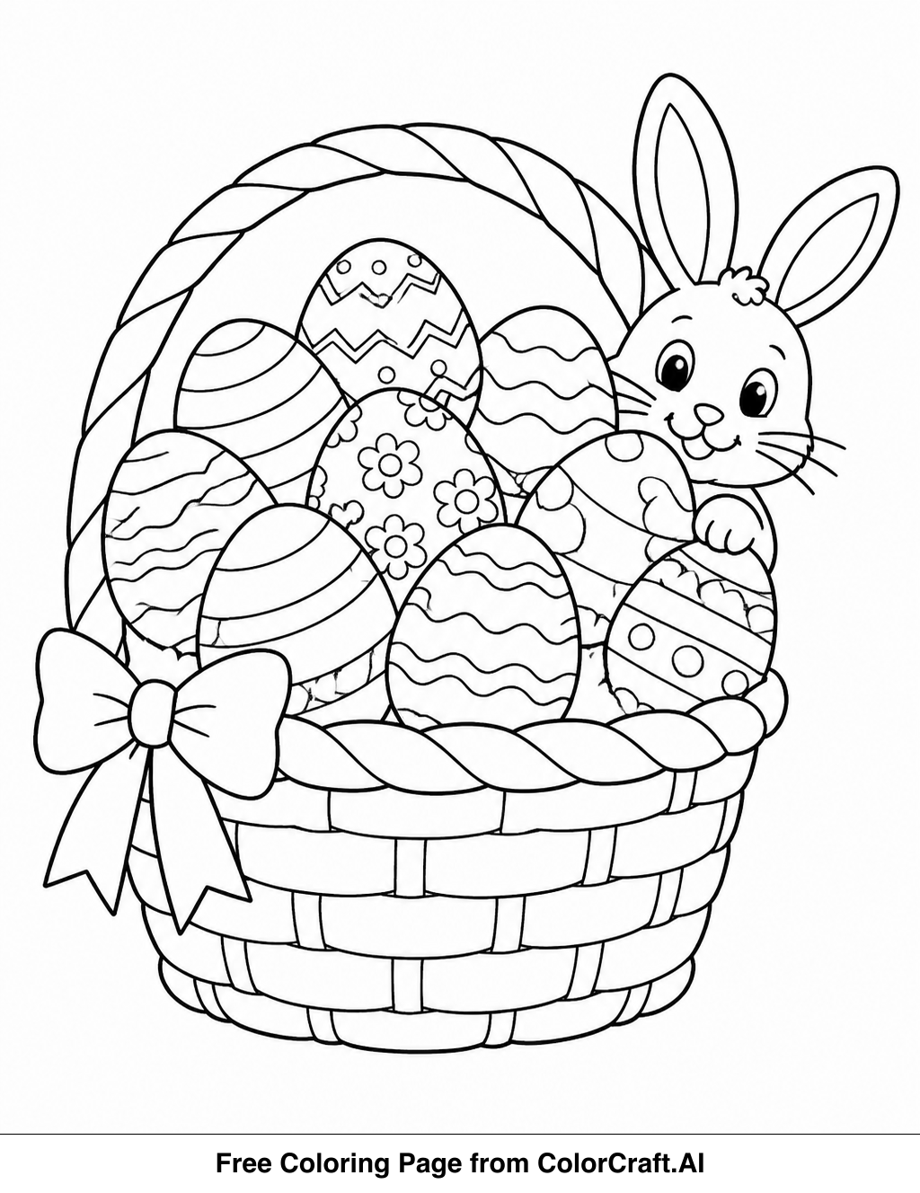 Line drawing of a festive Easter basket filled with patterned eggs, a small bunny is visible.