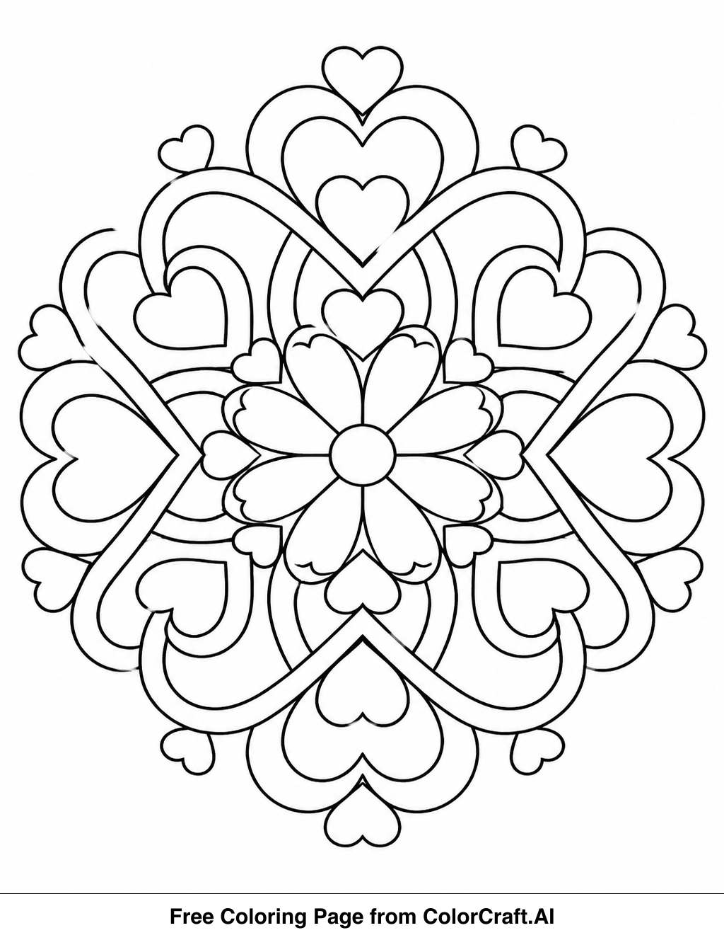 Line drawing of a mandala with a flower in the center and many hearts forming the design.