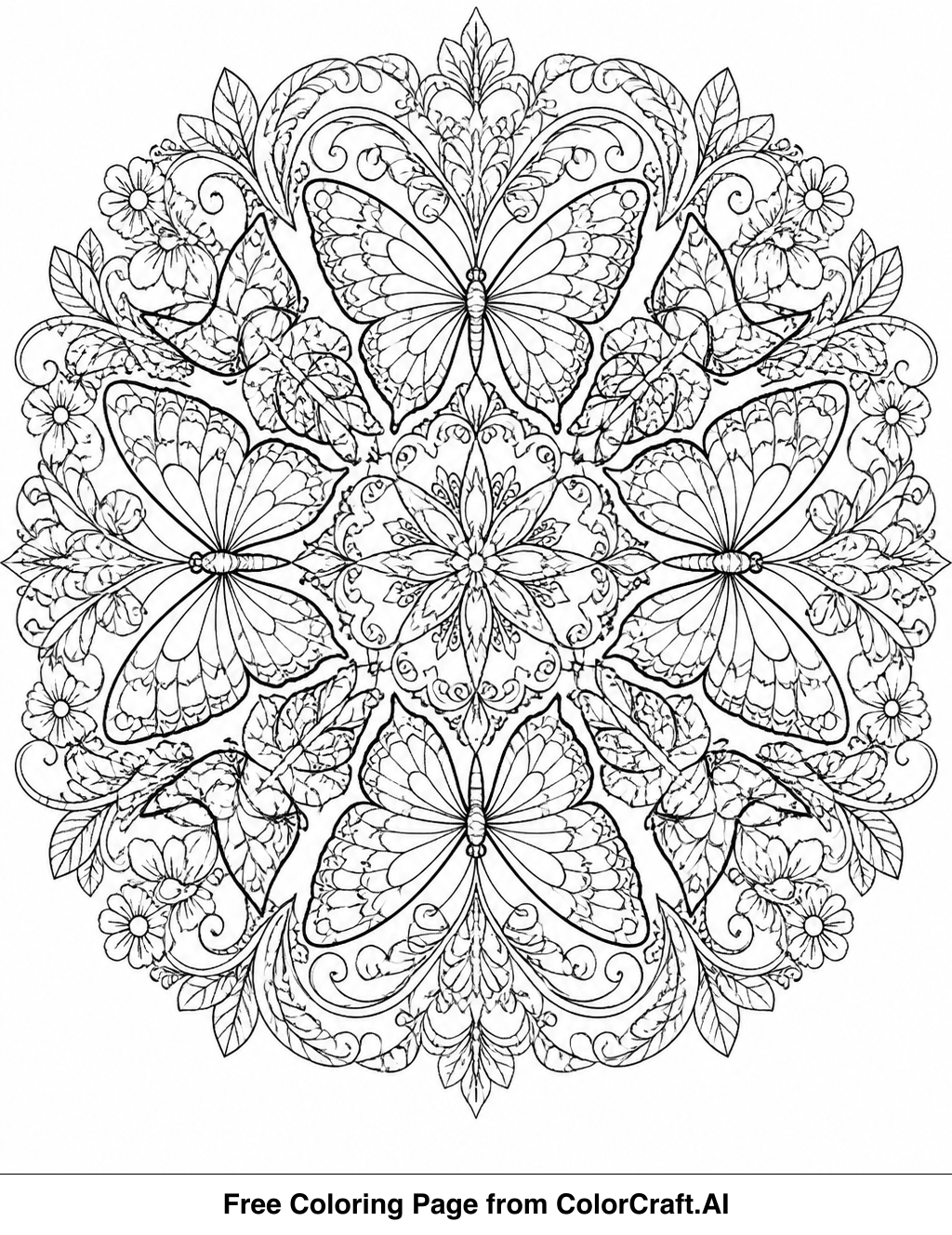 Intricate line drawing of a butterfly kaleidoscope mandala, perfect for detailed coloring.