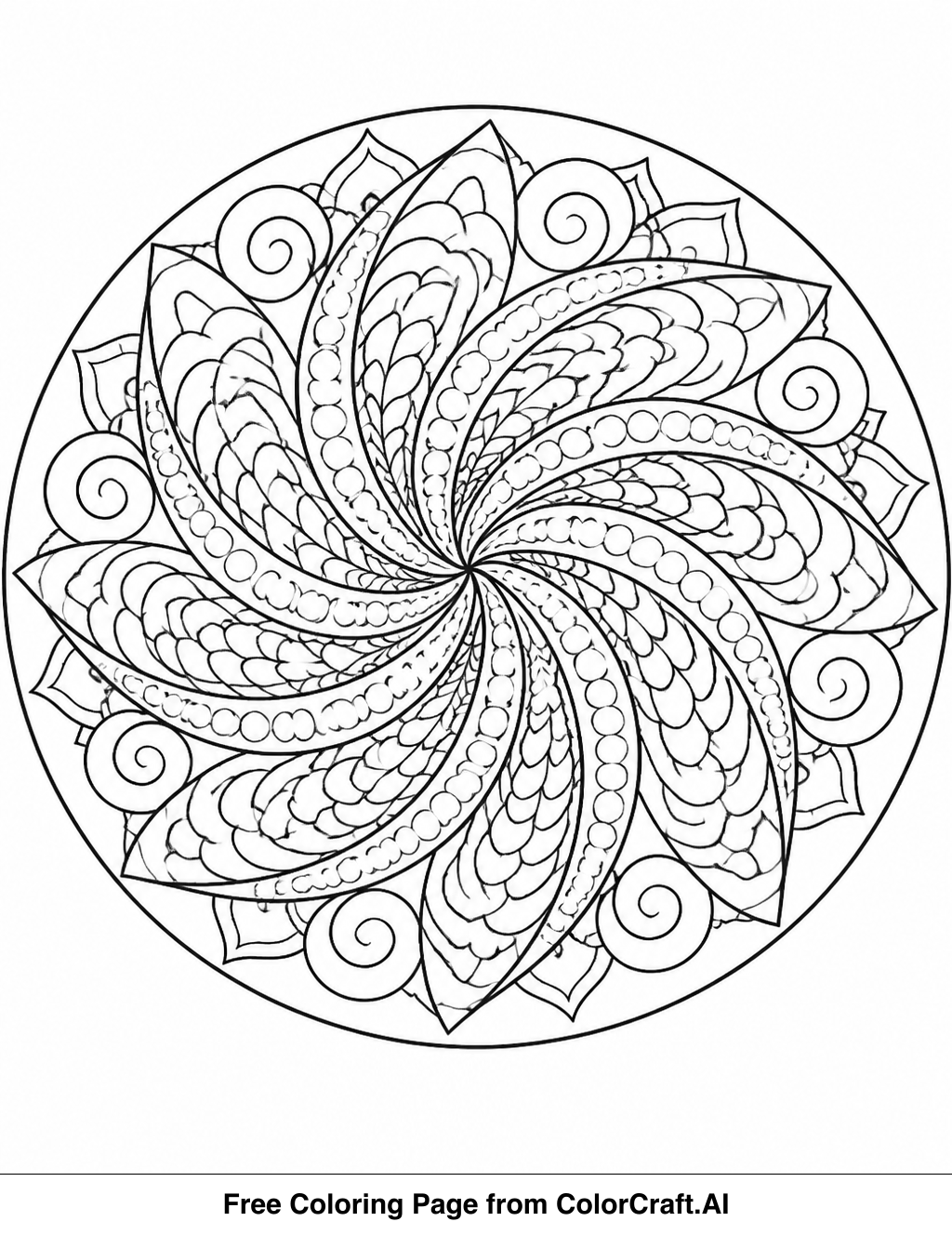 Line drawing of a complex zentangle mandala with swirling patterns and detailed geometric shapes.