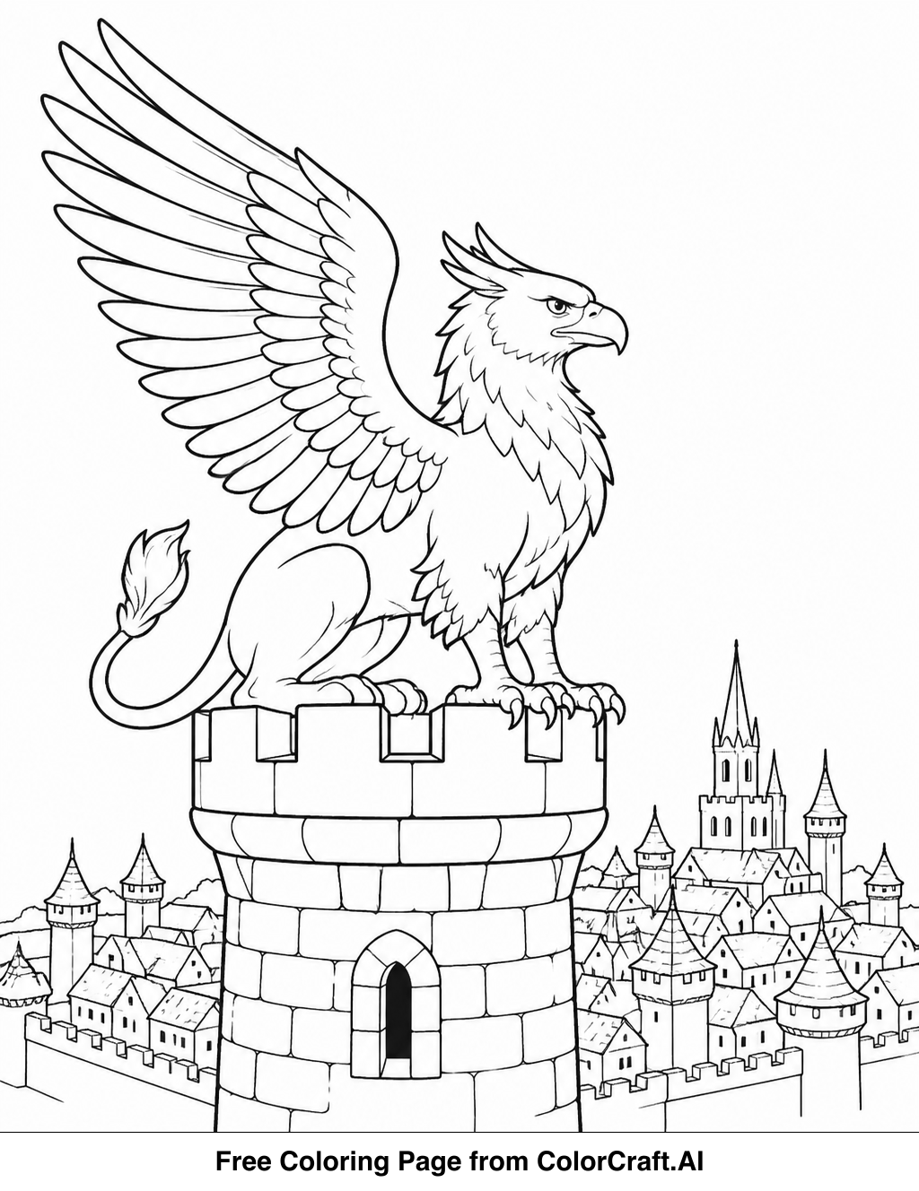 Line drawing of a mythical griffin with eagle head and lion body perched on a castle tower.